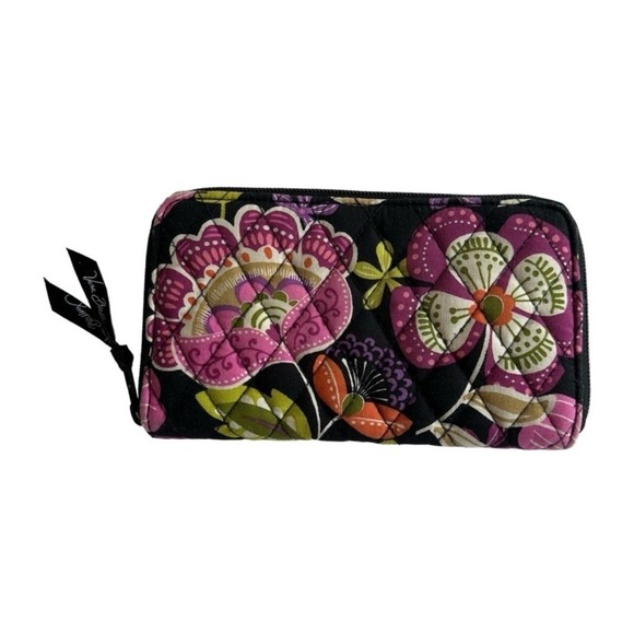 Vera Bradley Wallet Coin Purse Quilted Floral Zip Around Black Pink Green Zip - Picture 2 of 12